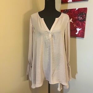 Show Me Your Mumu Carmela Chiffon Cream Deep V, flare sleeve blouse, size M